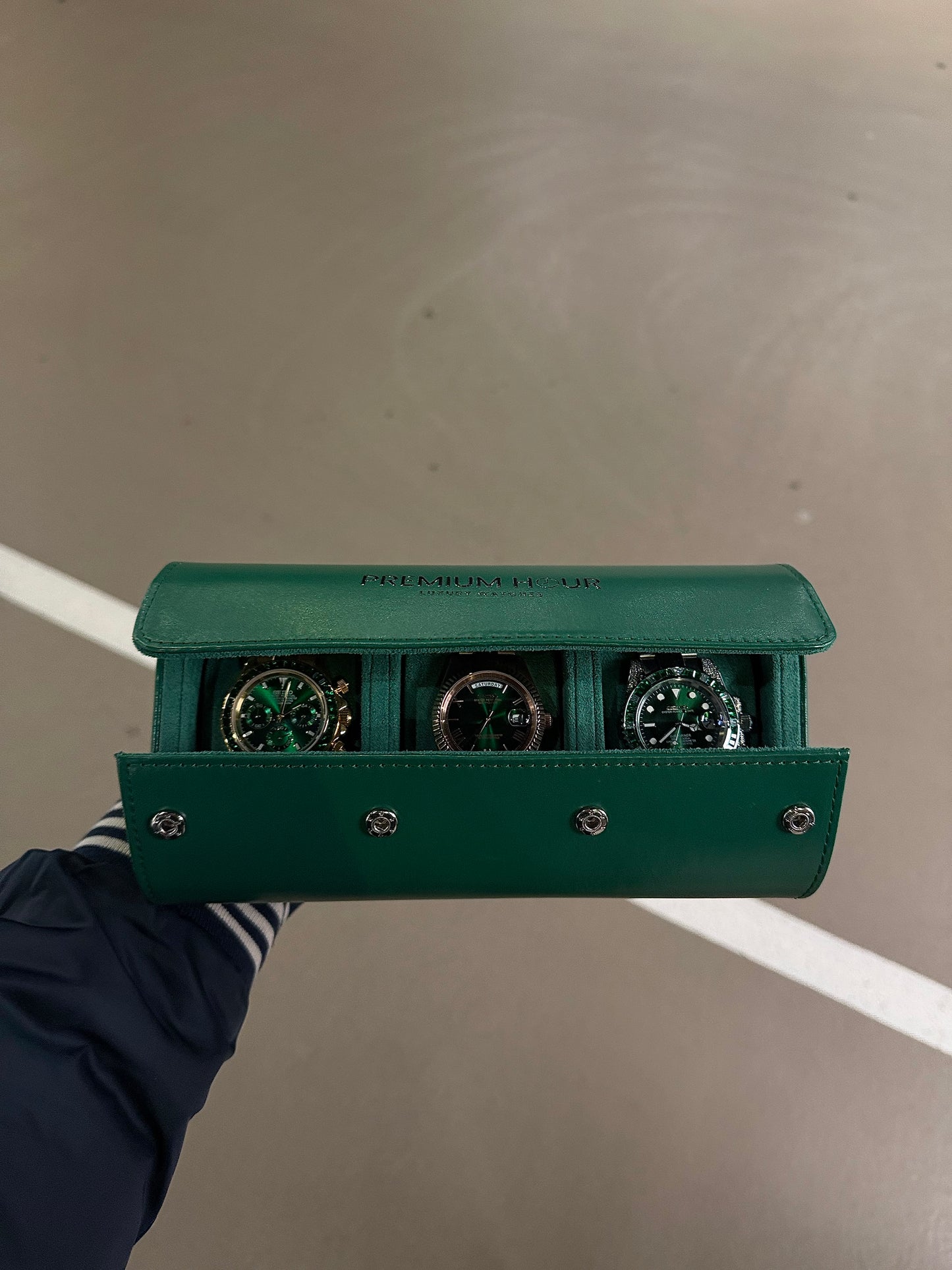 3 Slot Green leather box