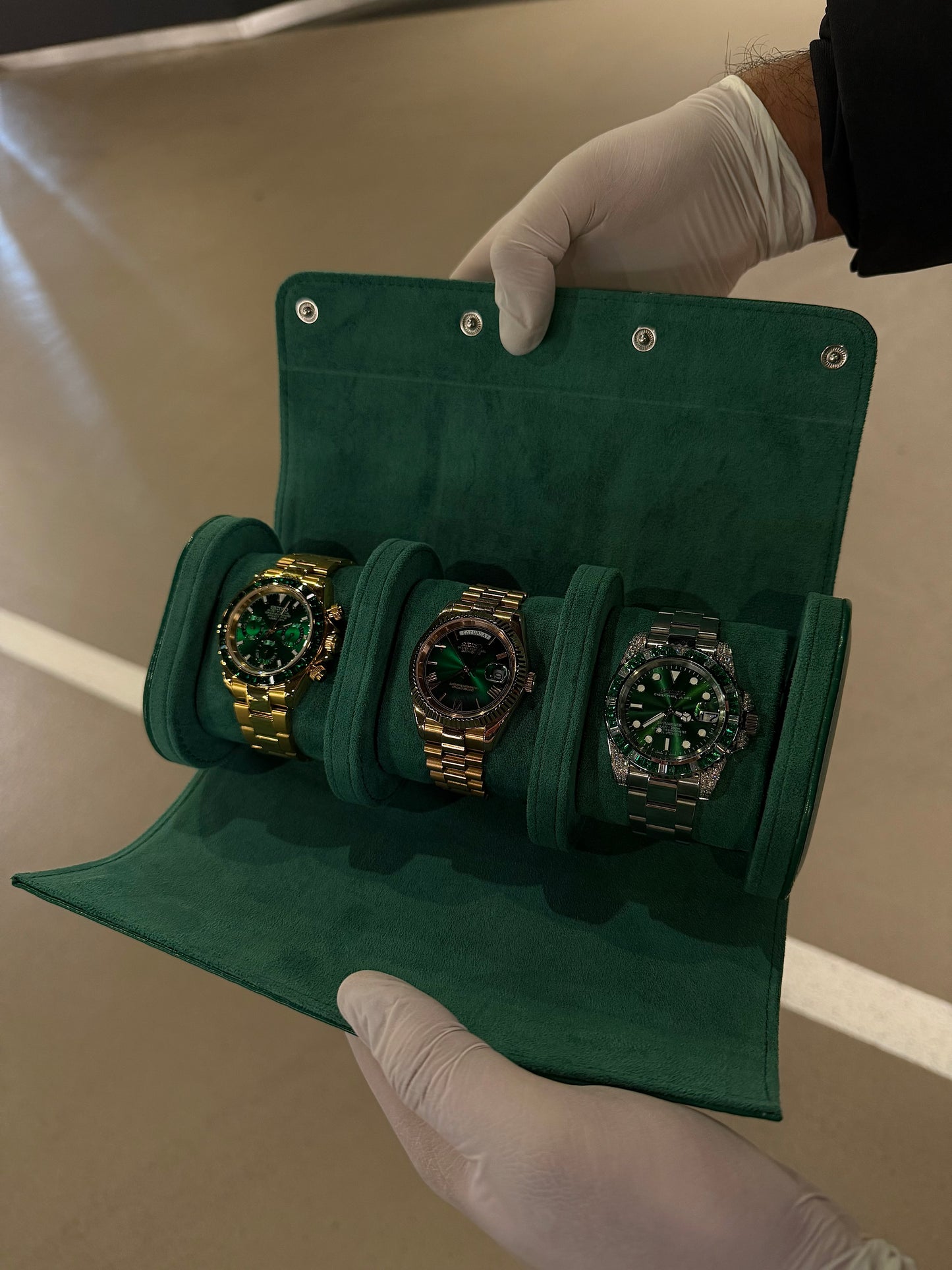 3 Slot Green leather box