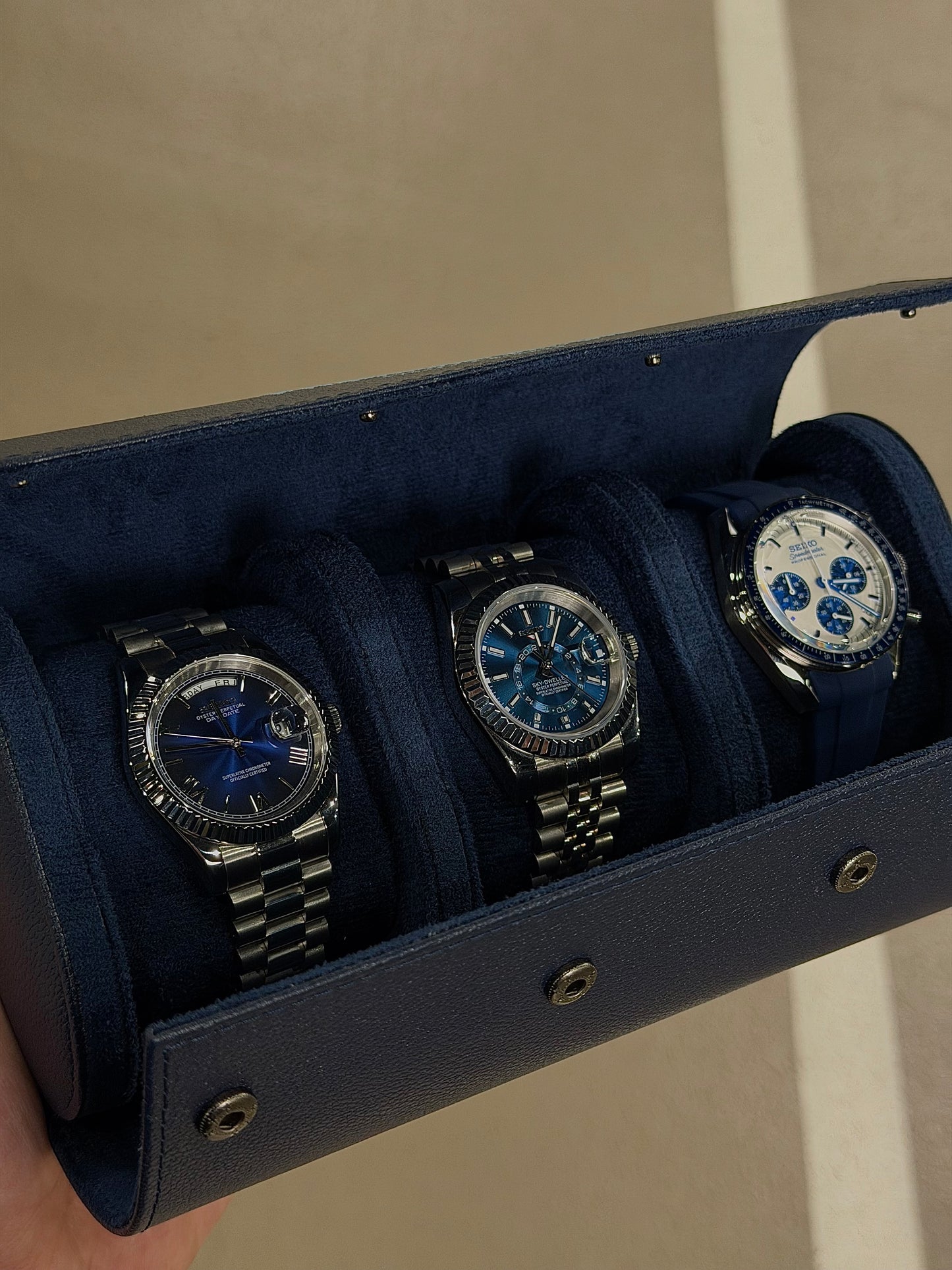 3 Slot Dark Blue Leather Box
