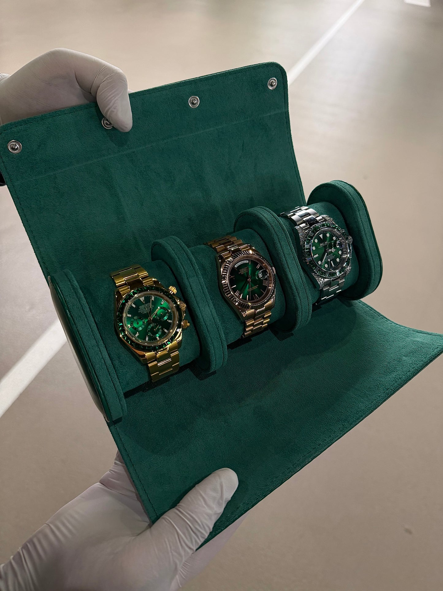 3 Slot Green leather box